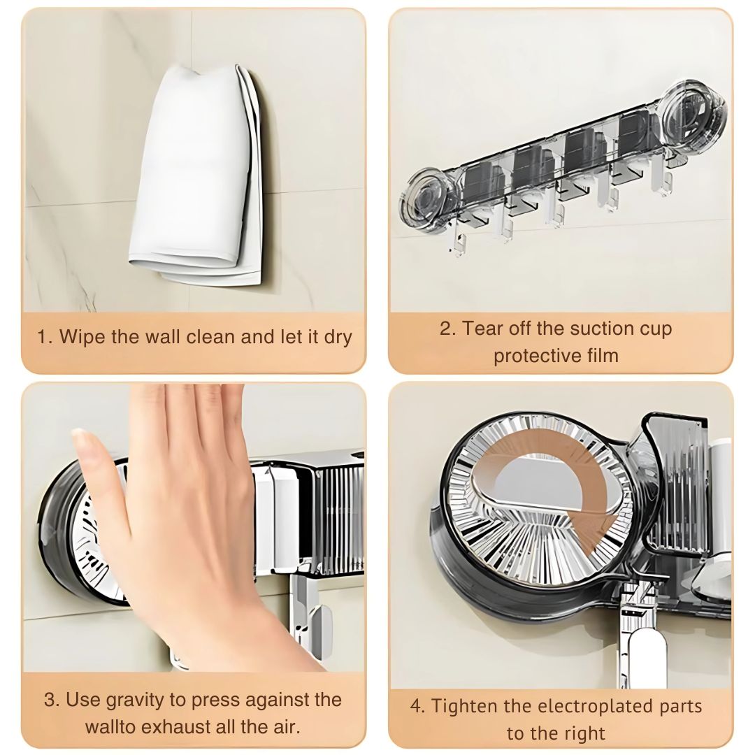 Wall-Mounted Mop & Broom Organizer – Suction Cup Rack with Hooks for Household Cleaning Storage