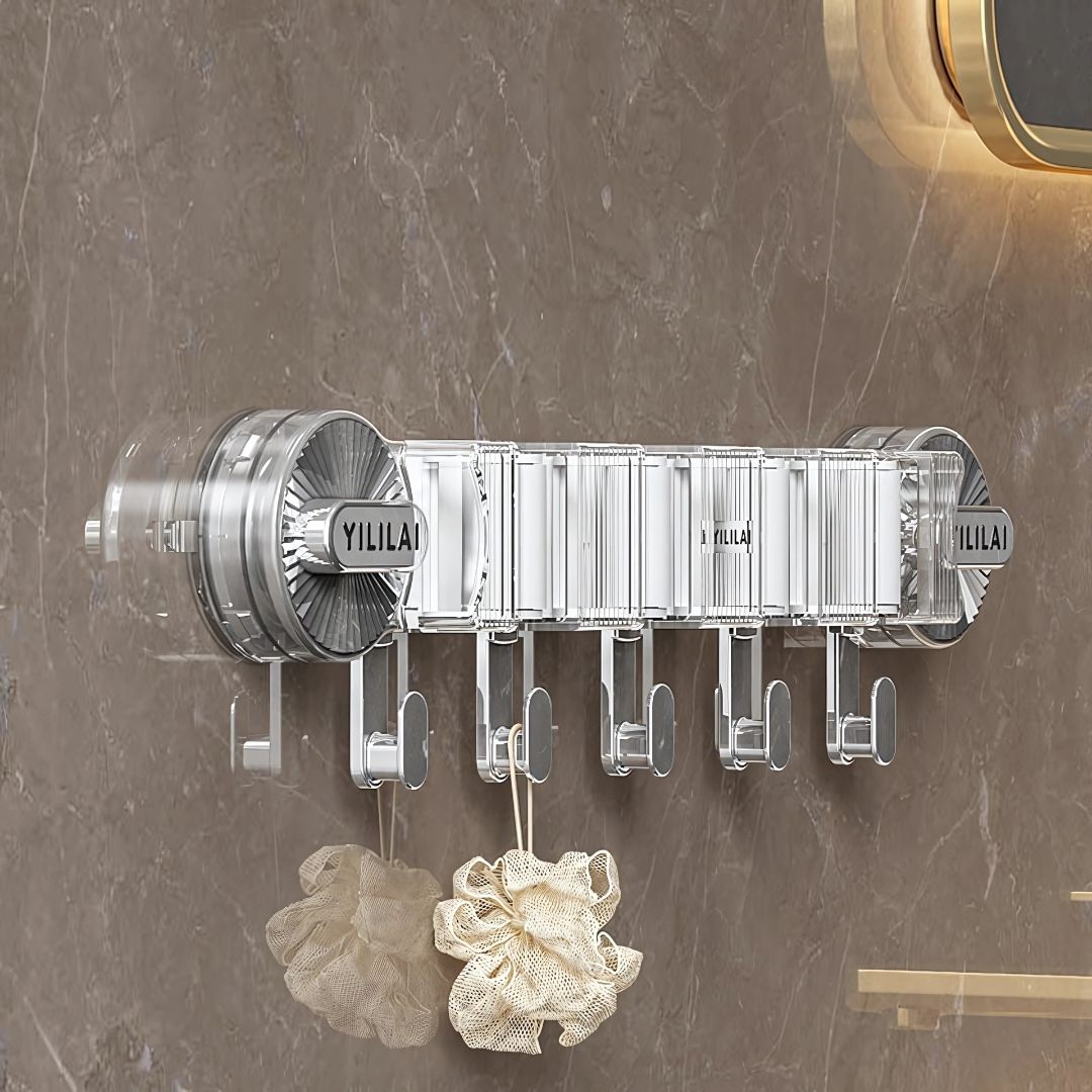 Wall-Mounted Mop & Broom Organizer – Suction Cup Rack with Hooks for Household Cleaning Storage