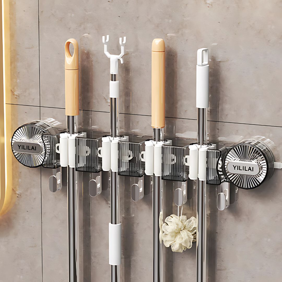 Wall-Mounted Mop & Broom Organizer – Suction Cup Rack with Hooks for Household Cleaning Storage