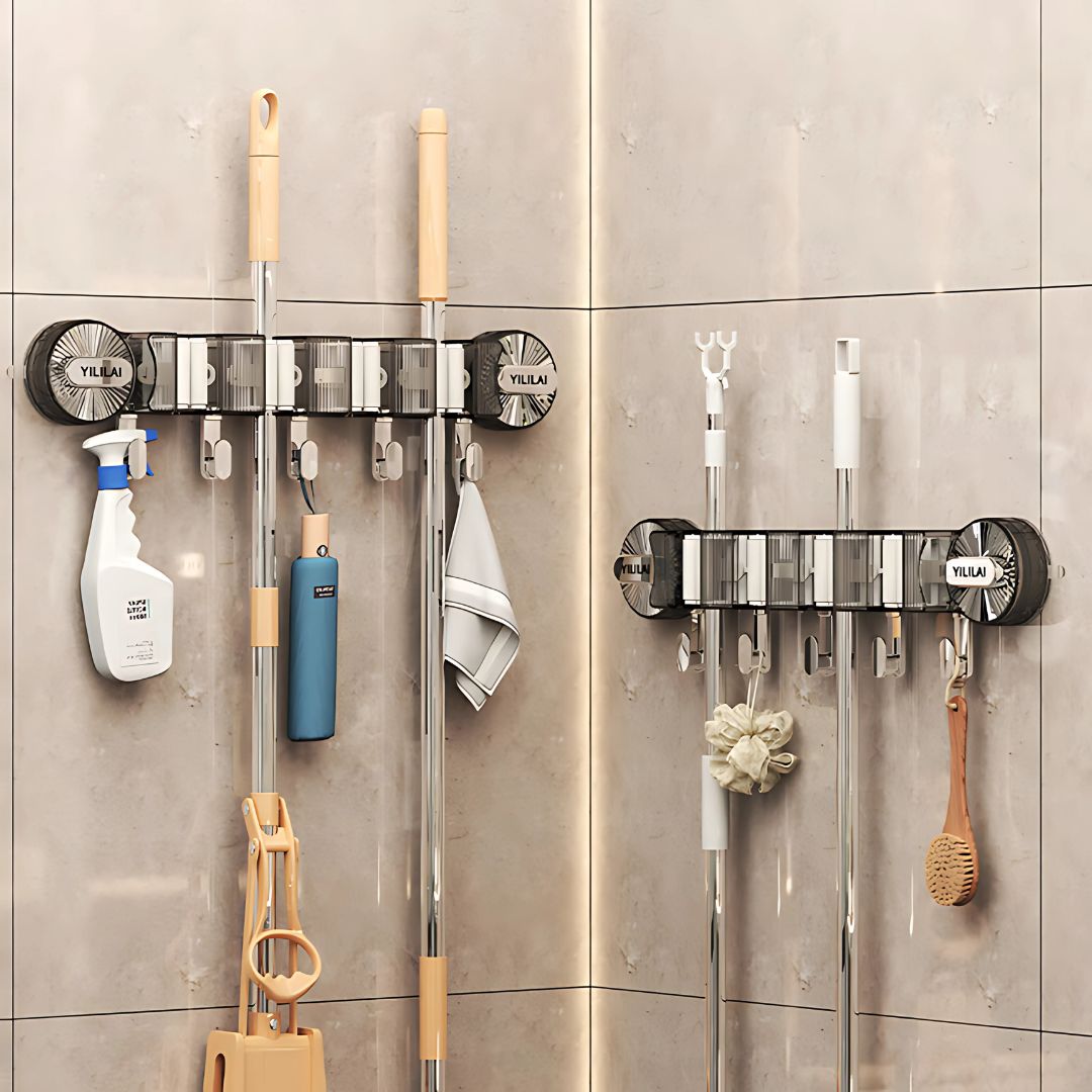 Wall-Mounted Mop & Broom Organizer – Suction Cup Rack with Hooks for Household Cleaning Storage