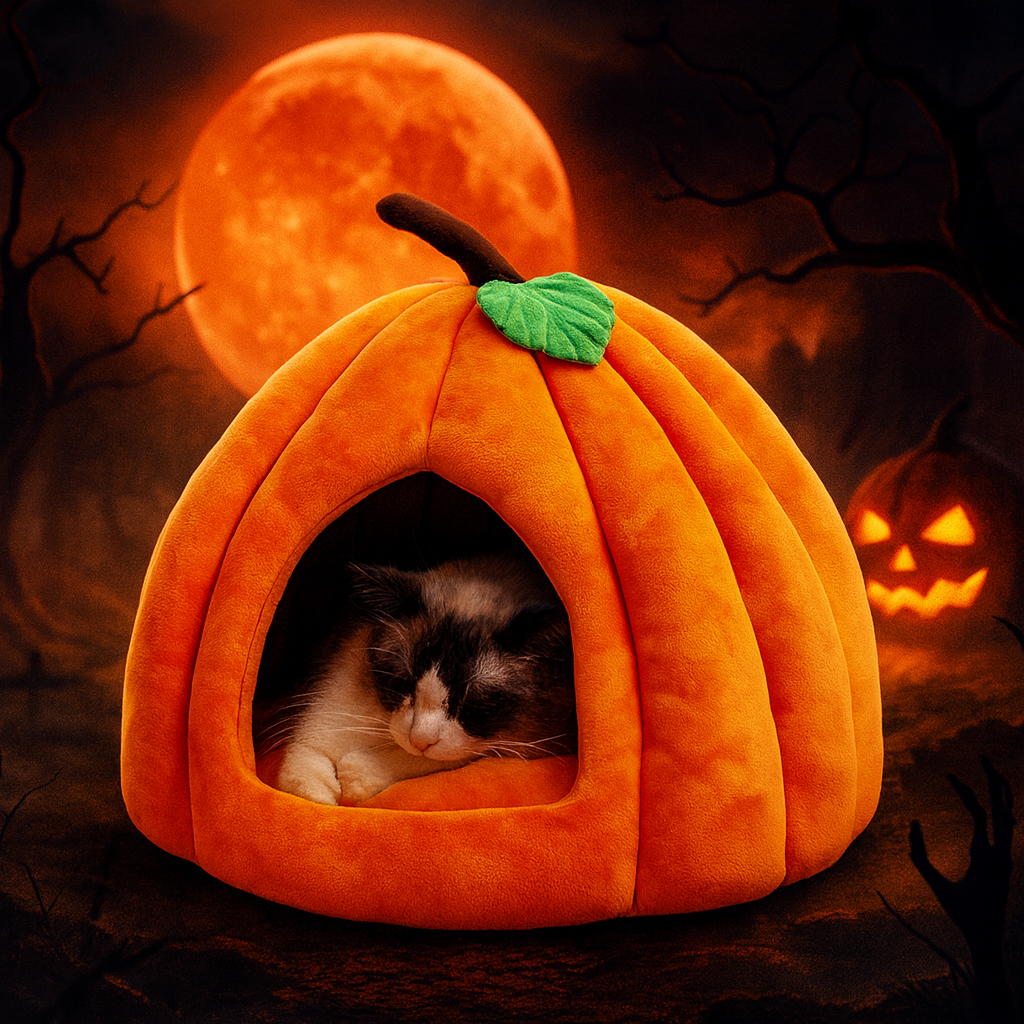 TAILEDEN Spooky Pumpkin Cat Cave – Cozy Halloween Nest for Cats & Small Dogs