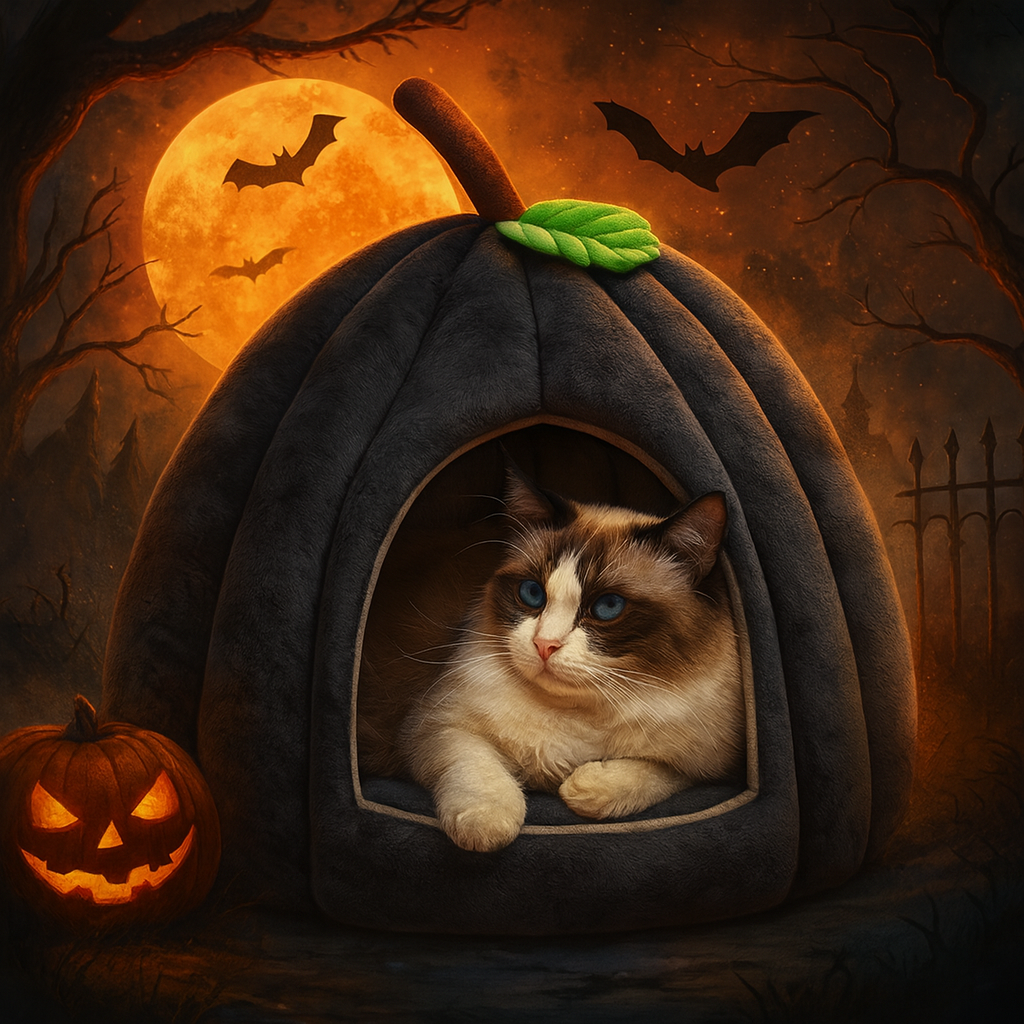 TAILEDEN Spooky Pumpkin Cat Cave – Cozy Halloween Nest for Cats & Small Dogs